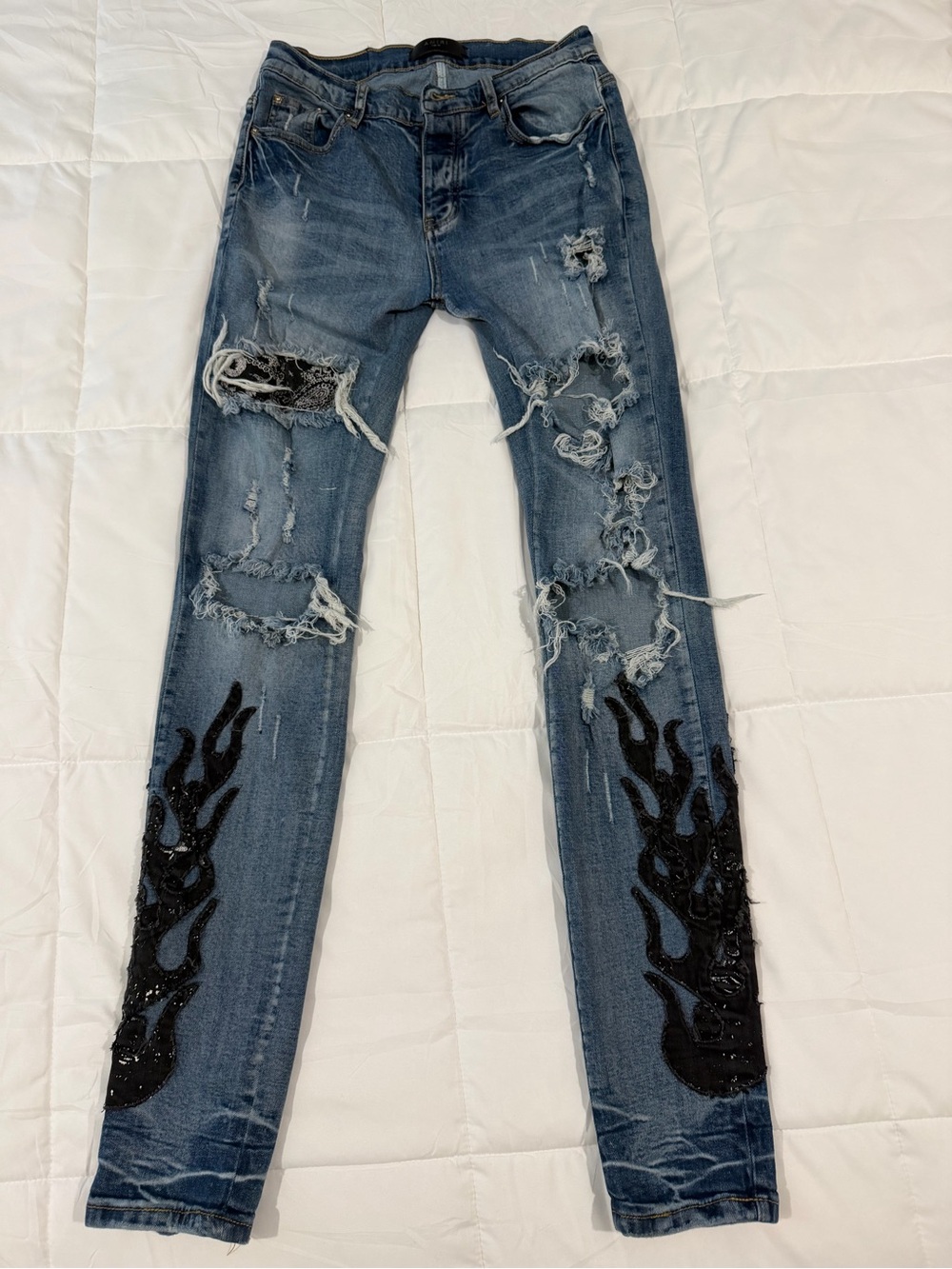 AMIRI Blue Distressed Skinny Jeans with Black Flame Patch Appliqué Size 28